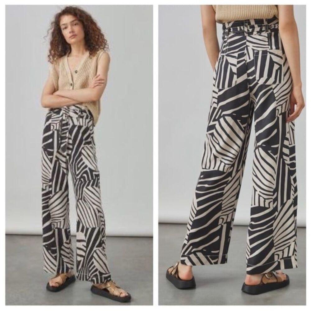 By Anthropologie Paper Bag High Waist Pants Wide Leg Geometric Safari Size 10